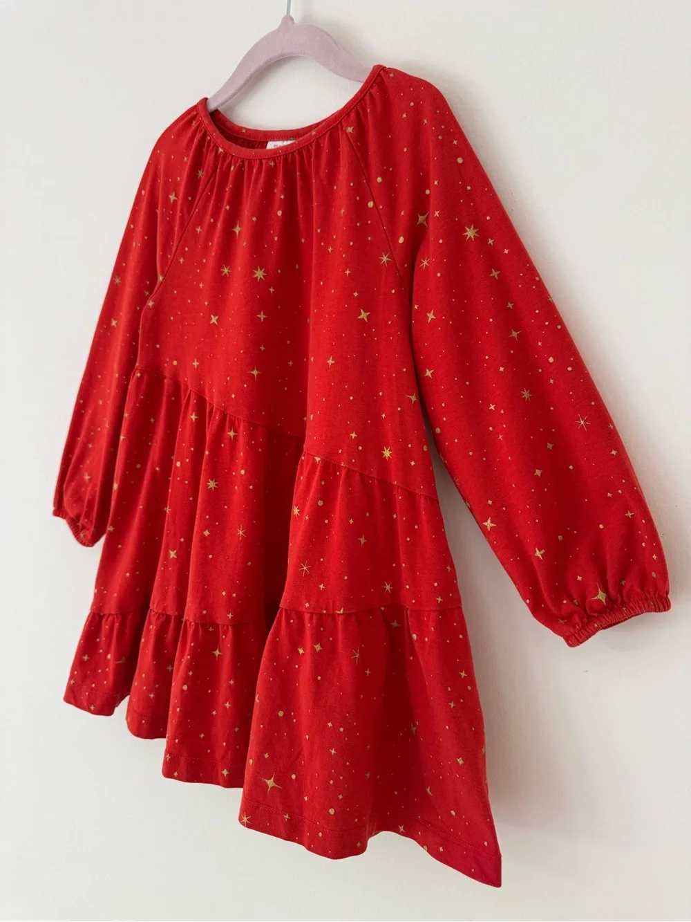 Hanna Andersson Red and Gold Long Sleeve Sparkle Tiered Dress, Size 4